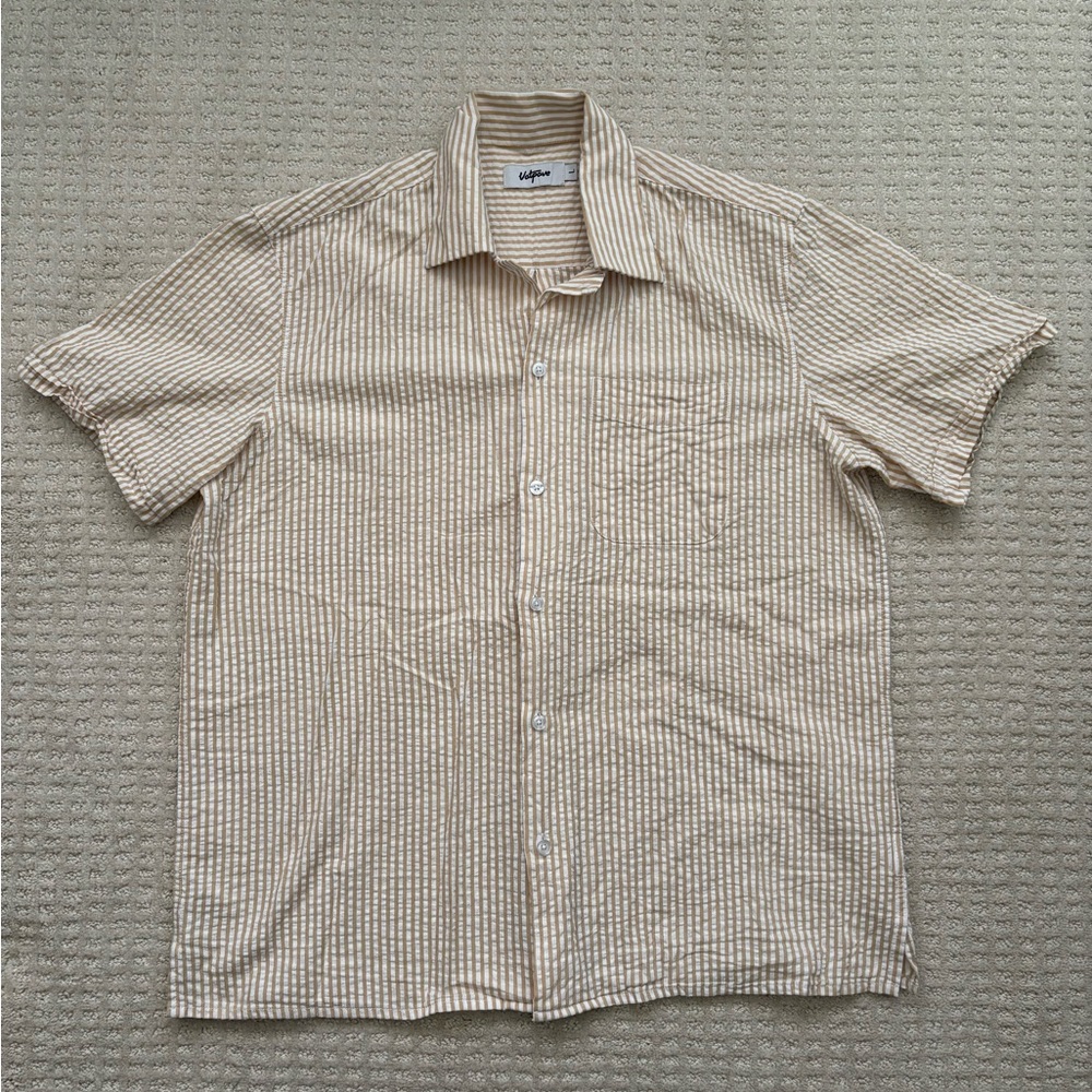 Men’s Light Beige Striped Casual Button Down Shirt